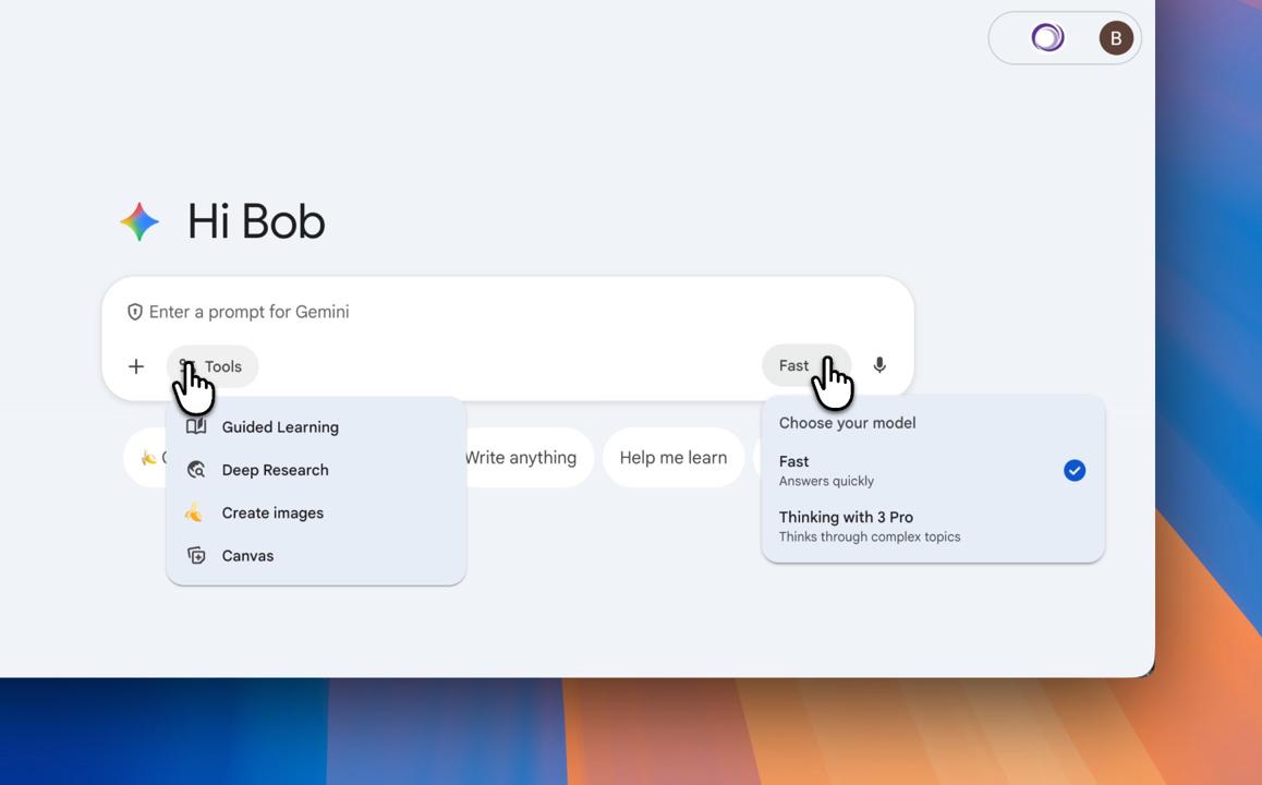 Screenshot showing the Gemini model and tool menus
