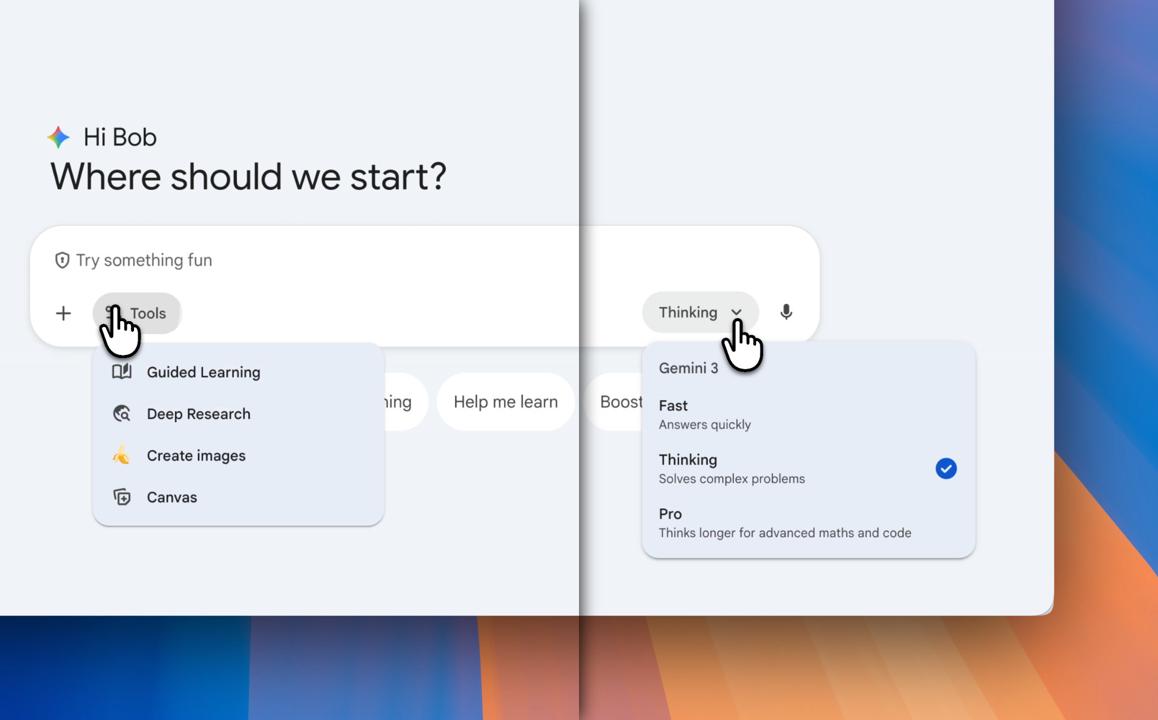 Screenshot showing the Gemini model and tool menus