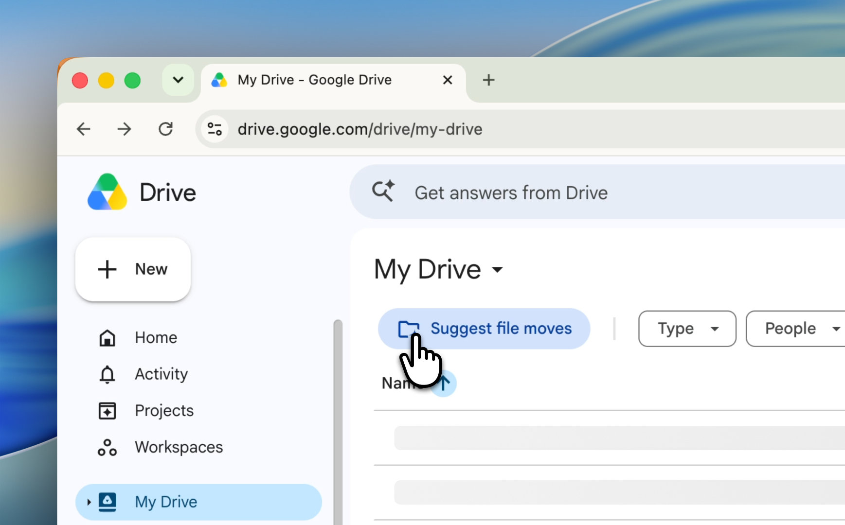 Screenshot of the Suggest file moves button in My Drive