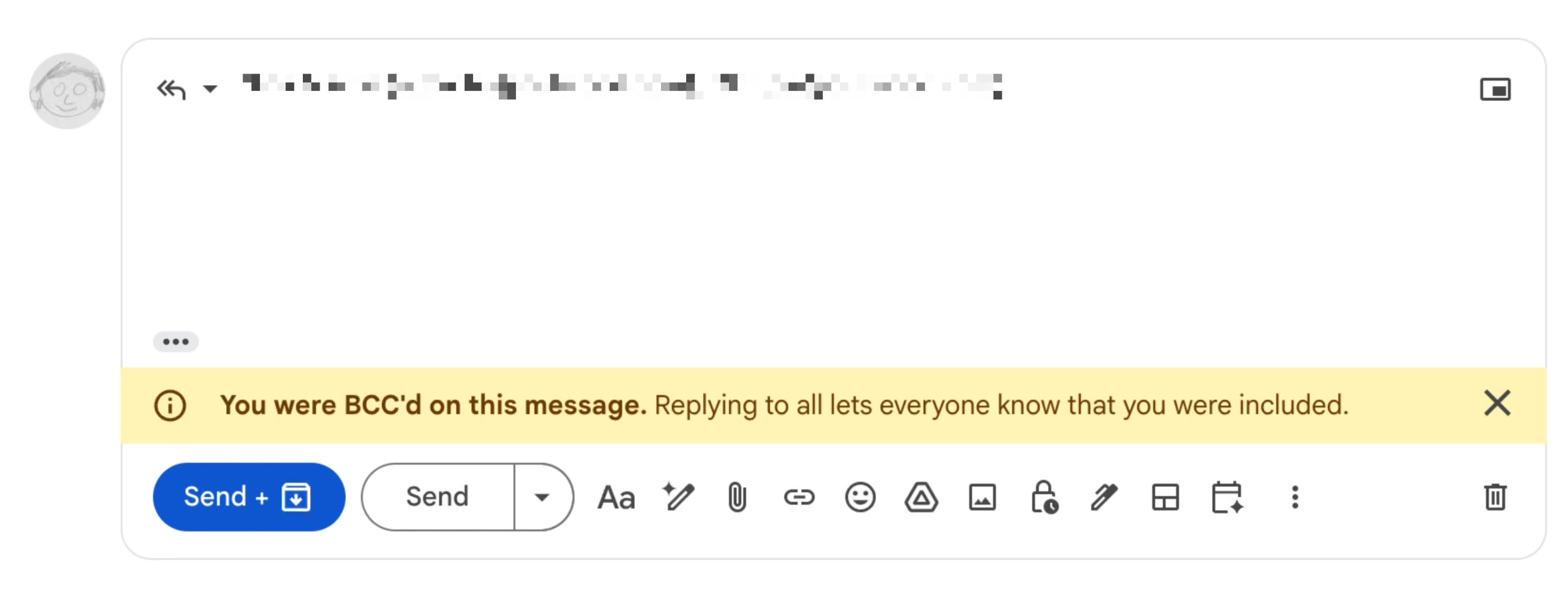 Gmail reply window with a banner warning that you were BCC&rsquo;d on the message and replying to all would let everyone know