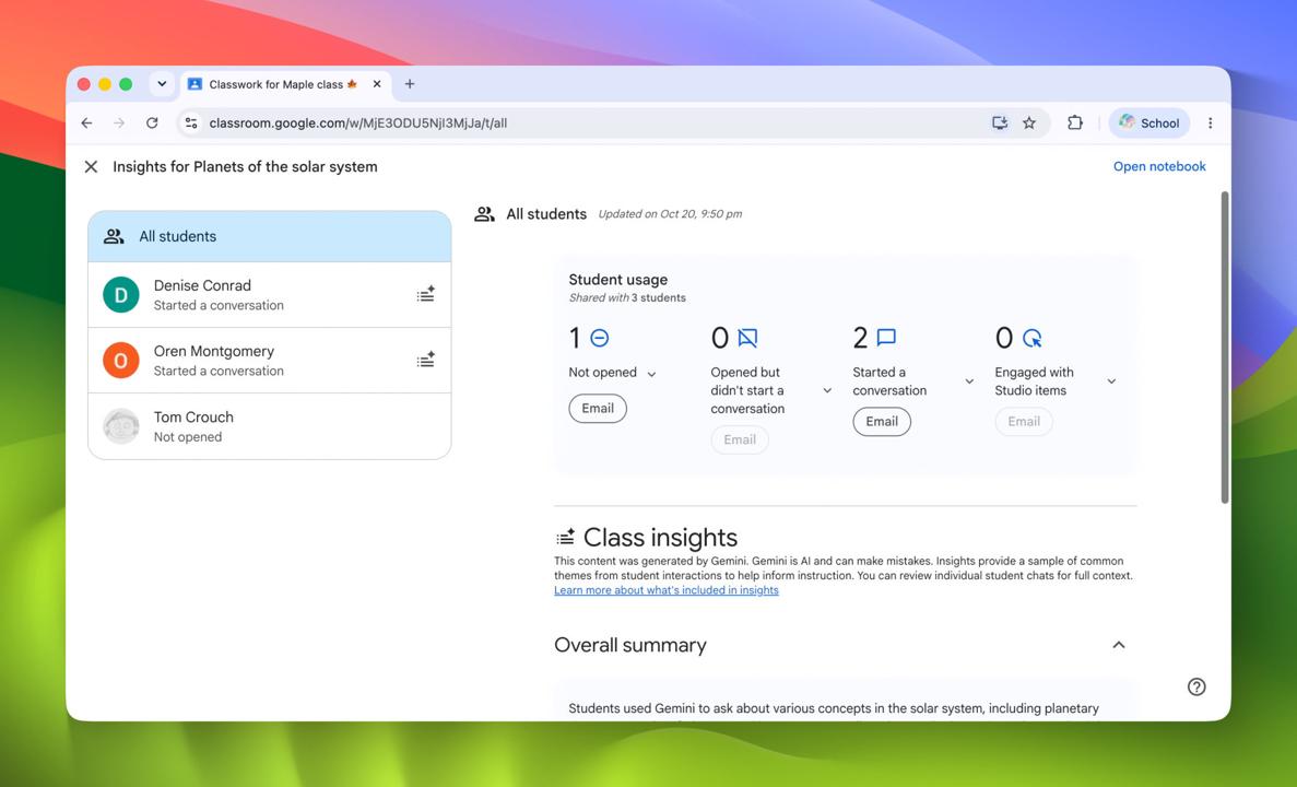 Insights for a notebook assigned in Google Classroom, with counts of pupils who have opened it and started a conversation, and the start of Gemini’s class summary