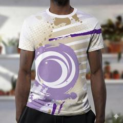 Man wearing a t-shirt with an Outwood swirl graphic